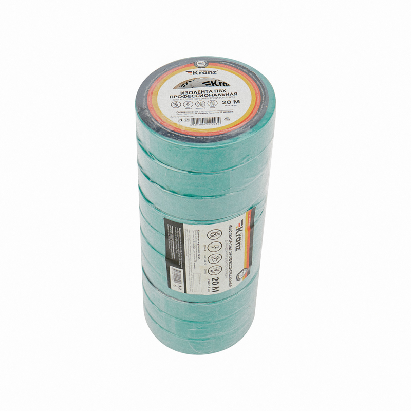 Изолента зеленая ПВХ, 19 мм х 20 м, профессиональная KRANZ KR-09-2803