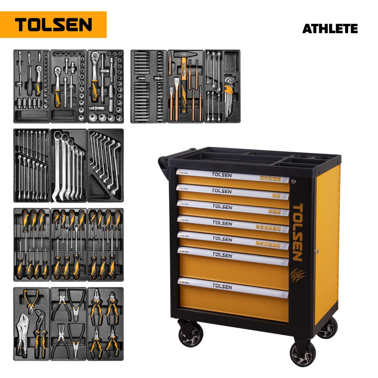 Набор инструментов 189 предметов, "ATHLETE", в черной тележке TOLSEN TT85412