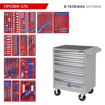Набор инструментов 270 предметов, "ПРОФИ 270" в серой тележке МАСТАК 52-06270G