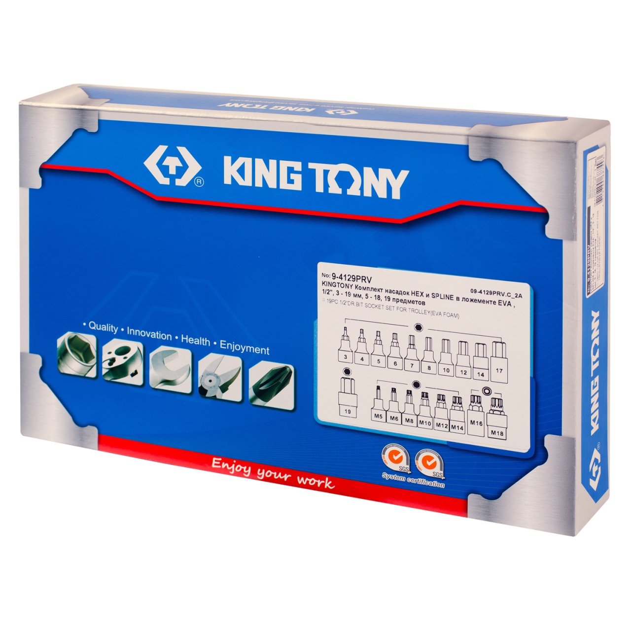 Набор торцевых насадок Hex и Spline, ложемент, 19 предметов KING TONY 9-4129PRV