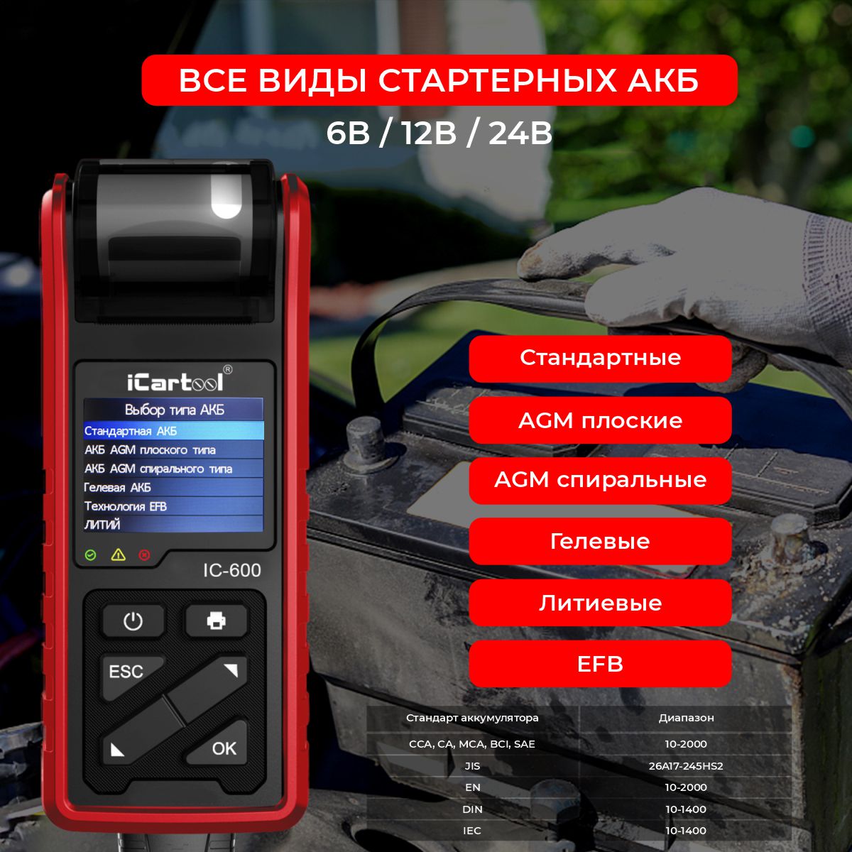 Тестер аккумулятора автомобиля, с принтером ICARTOOL IC-600