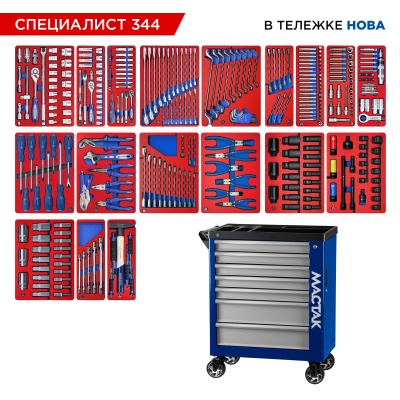 Набор инструментов "СПЕЦИАЛИСТ 344" в синей тележке, 344 предмета МАСТАК 50-07344B