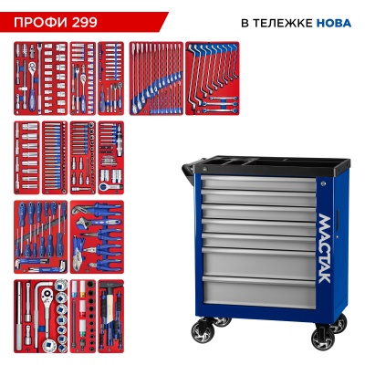 Набор инструментов "ПРОФИ 299" в синей тележке, 299 предметов МАСТАК 50-07299B