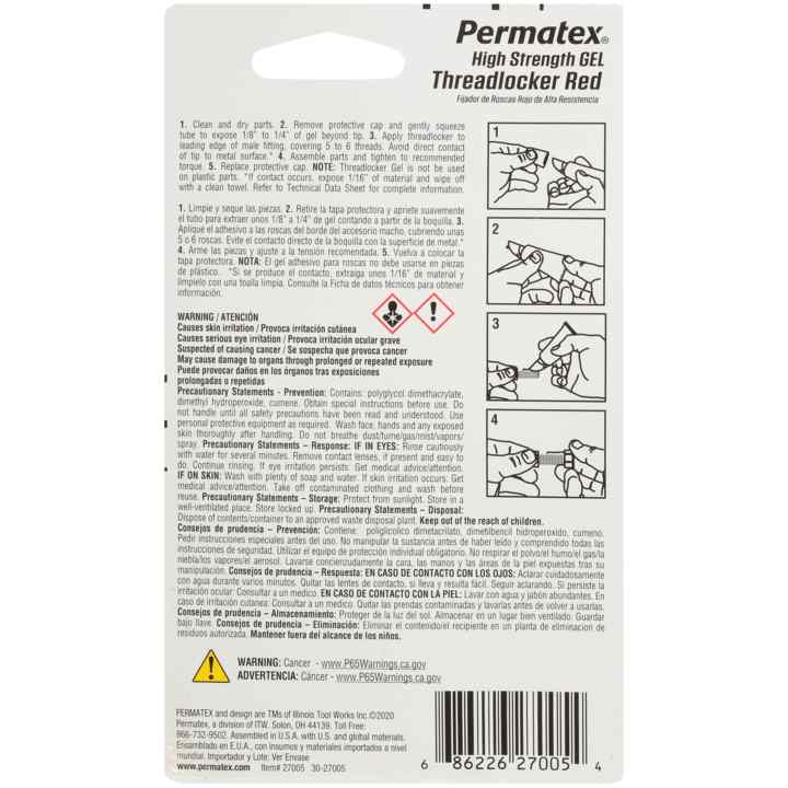 Фиксатор резьбы сильной фиксации Gel Squeeze Threadlocker Red, 5 г PERMATEX 27005