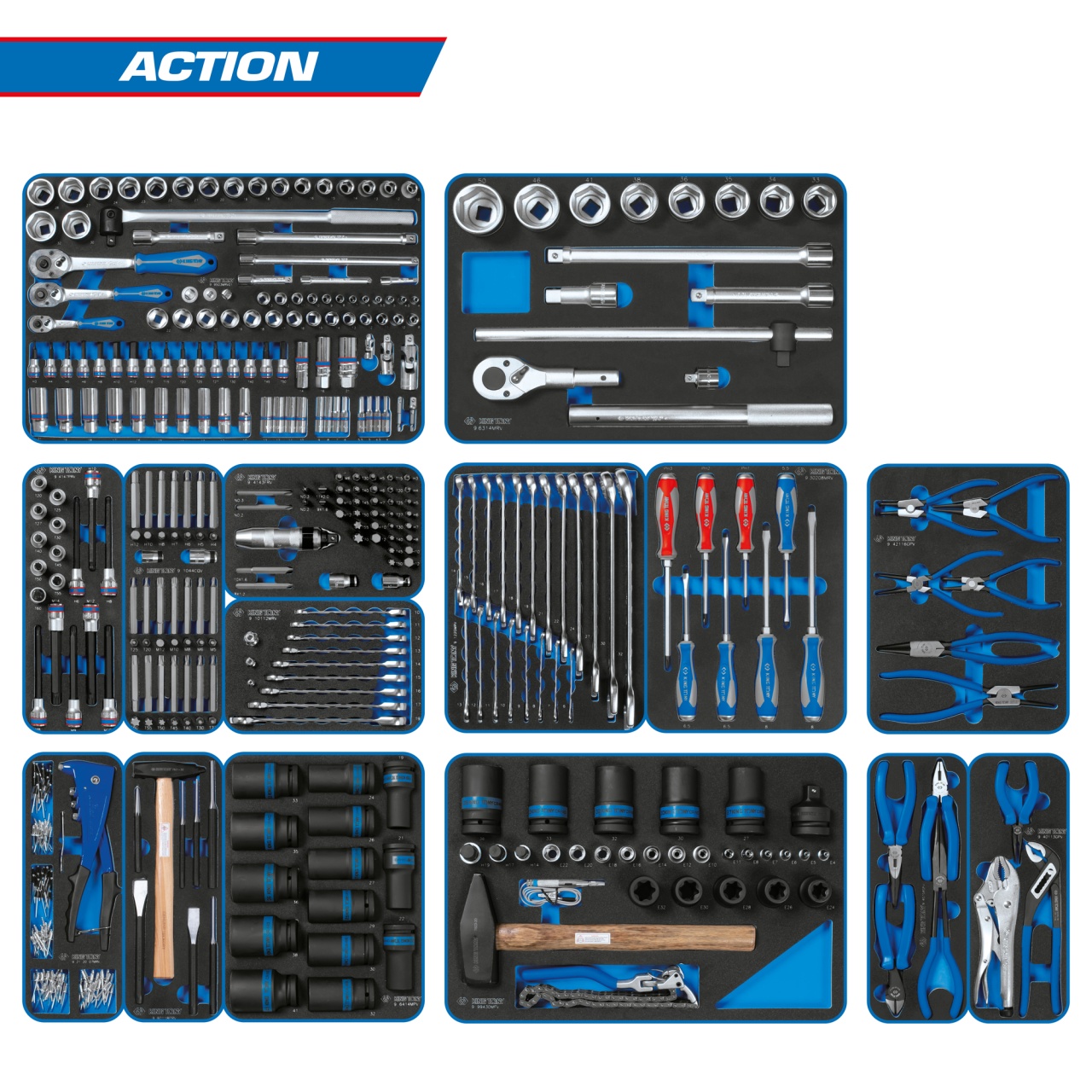 Набор инструментов 327 предметов, "ACTION", для тележки, 15 ложементов KING TONY 934-327MRVD