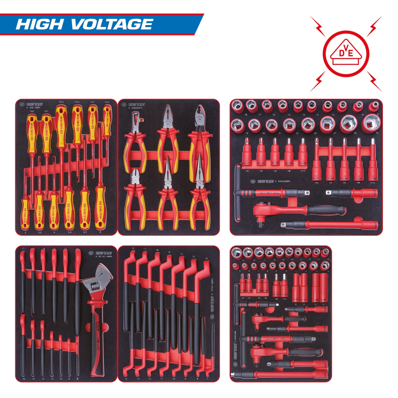 Набор инструментов 117 предметов, "HIGH VOLTAGE", для тележки, 6 ложементов KING TONY 932-117VEMRVD