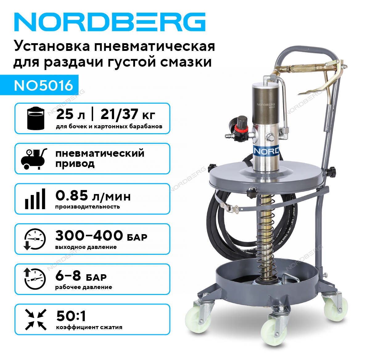 Солидолонагнетатель для бочек 25 л, пневматический NORDBERG NO5016