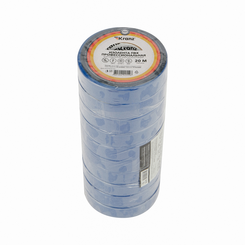 Изолента синяя ПВХ, 19 мм х 20 м, профессиональная KRANZ KR-09-2805