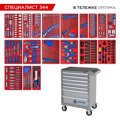 Набор инструментов "СПЕЦИАЛИСТ 344" в серой тележке, 344 предмета МАСТАК 52-07344G