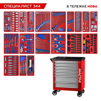 Набор инструментов "СПЕЦИАЛИСТ 344" в красной тележке, 344 предмета МАСТАК 50-07344R