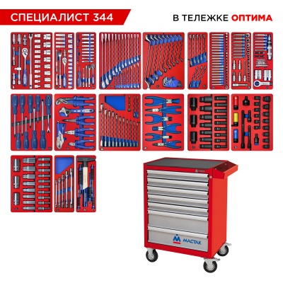 Набор инструментов "СПЕЦИАЛИСТ 344" в красной тележке, 344 предмета МАСТАК 52-07344R