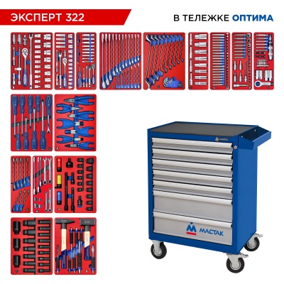 Набор инструментов "ЭКСПЕРТ 322" в синей тележке, 323 предмета МАСТАК 52-07322B