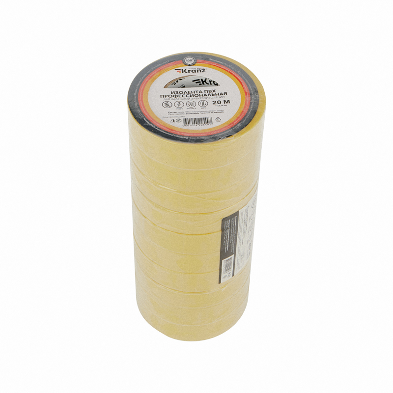 Изолента желтая ПВХ, 19 мм х 20 м, профессиональная KRANZ KR-09-2802