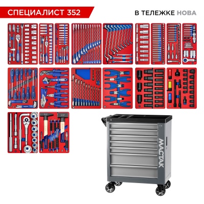 Набор инструментов "СПЕЦИАЛИСТ 352" в серой тележке, 352 предмета МАСТАК 50-07352G