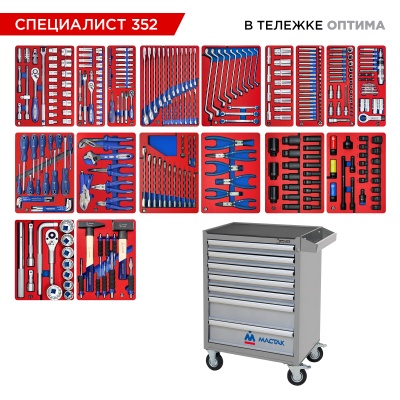 Набор инструментов "СПЕЦИАЛИСТ 352" в серой тележке, 352 предмета МАСТАК 52-07352G