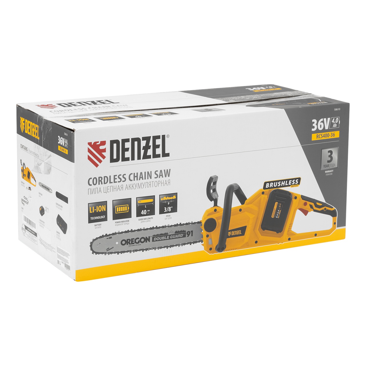 Пила цепная аккумуляторная 36 В, RCS400-36 DENZEL 58610