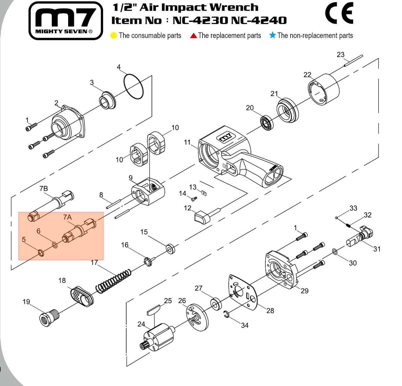 Ремкомплект для гайковерта NC-4230, ось стандартная MIGHTY SEVEN NC-4230T07