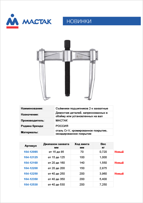 Съёмники подшипников 2-х захватные МАСТАК