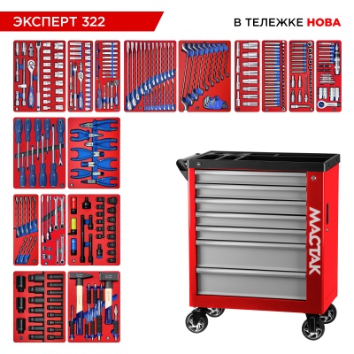 Набор инструментов "ЭКСПЕРТ 322" в красной тележке, 323 предмета МАСТАК 50-07322R