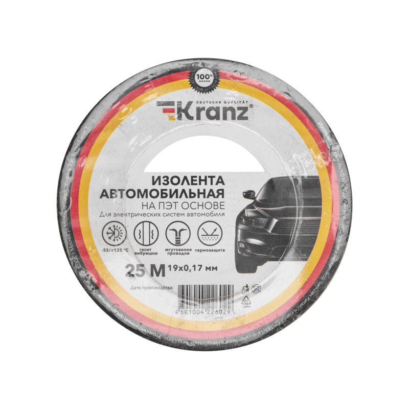 Изолента черная ПЭТ, 19 мм х 25 м, автомобильная KRANZ KR-09-2916