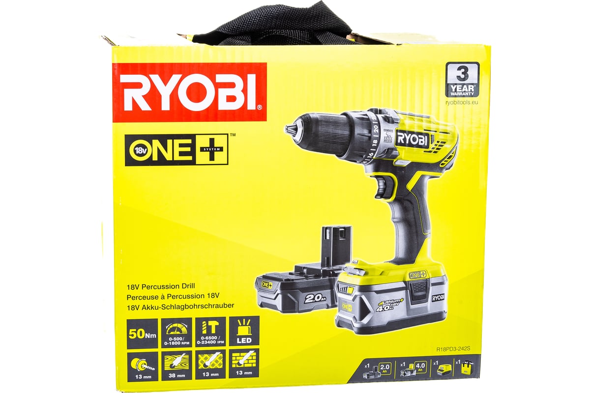 Аккумуляторная дрель-шуруповерт, ударная, ONE+,18В RYOBI R18PD3-242S